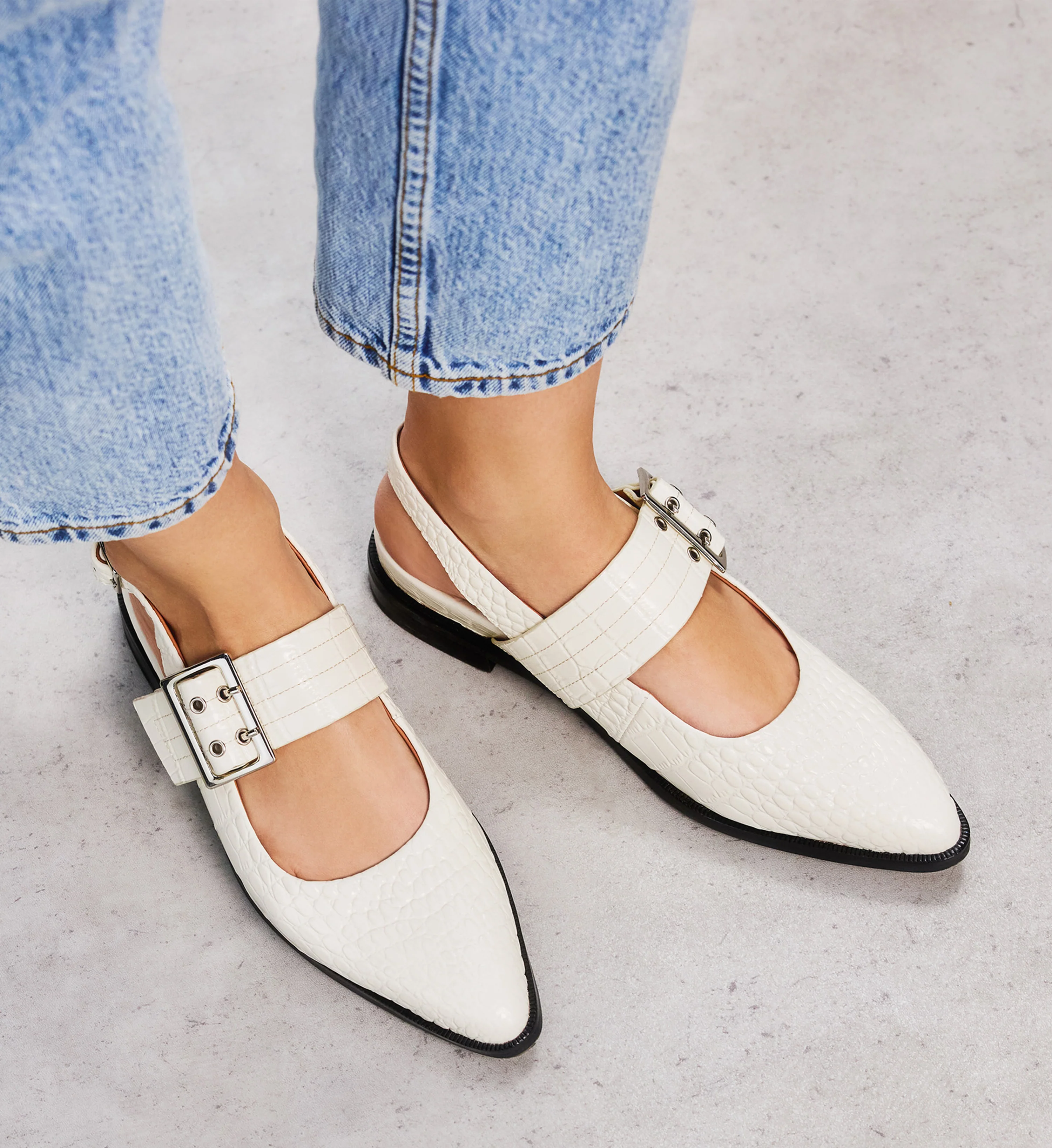Sunbeam White Croc Emboss Leather Flats