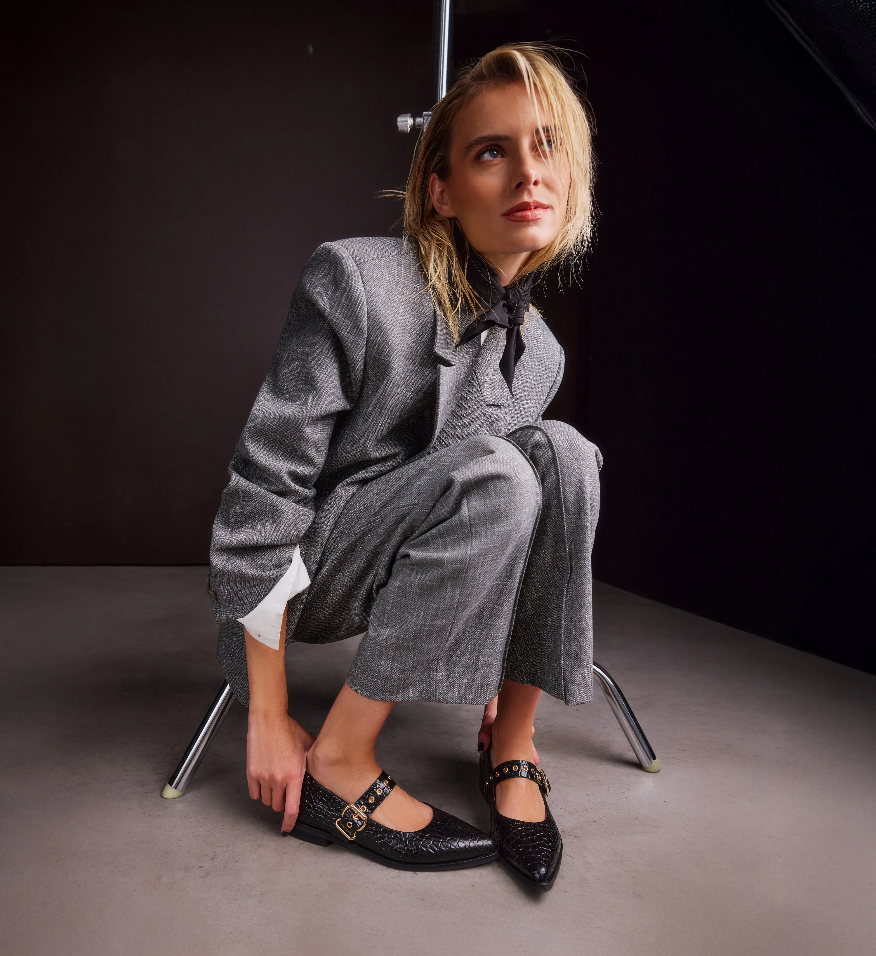 Dotterel Black Croc Emboss Leather Ballet Flats