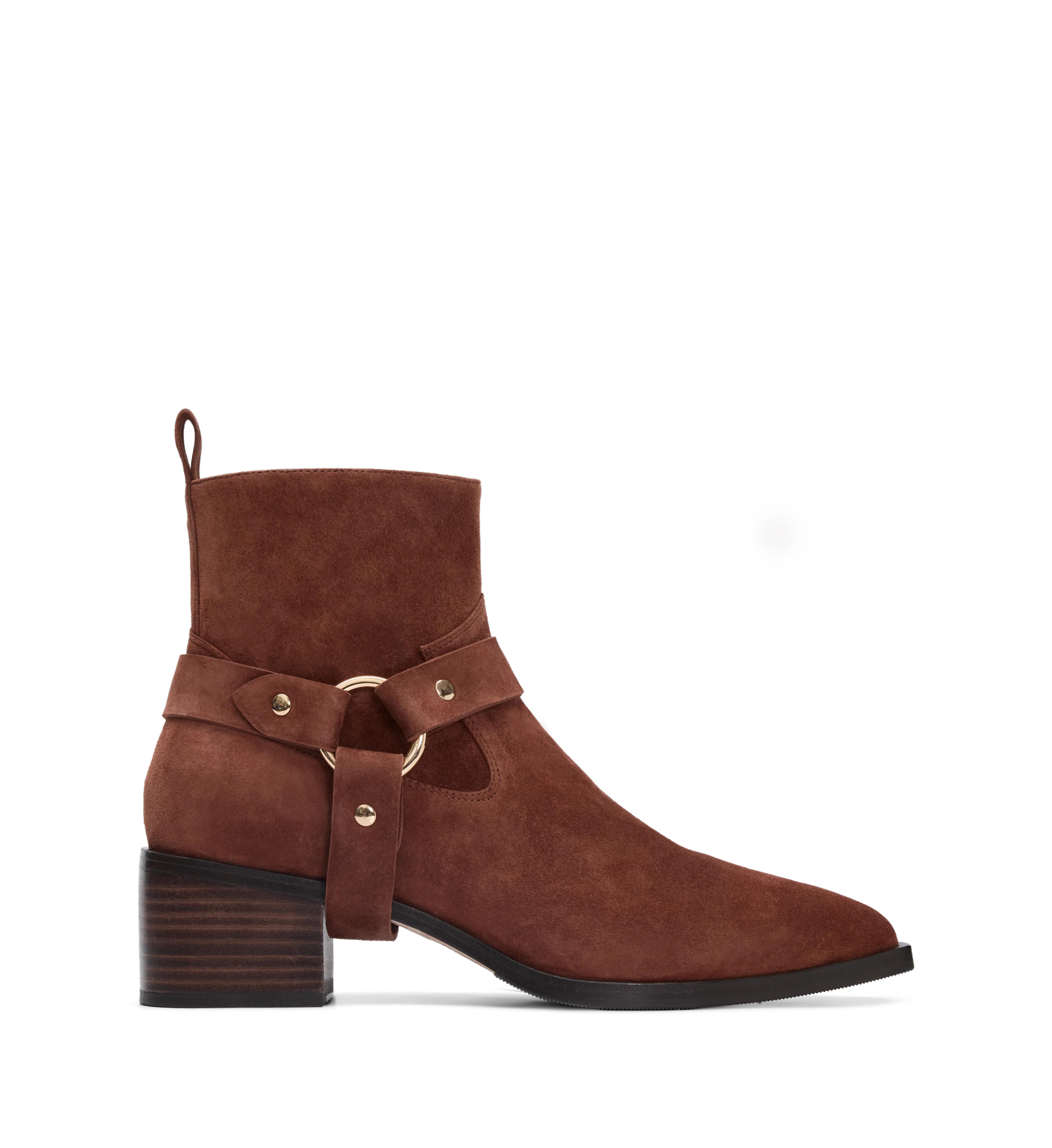 Daggerbill Russet Brown Suede & Hardware Heeled Boots