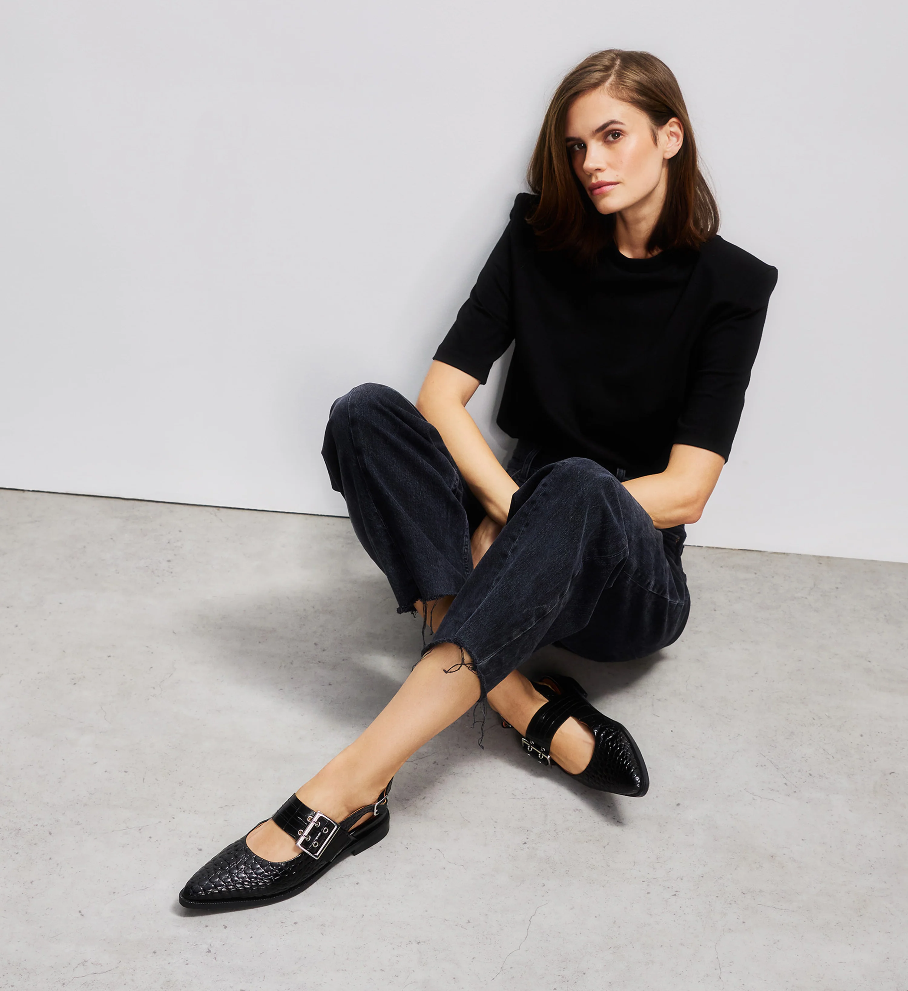 Sunbeam Black Croc Emboss Leather Flats