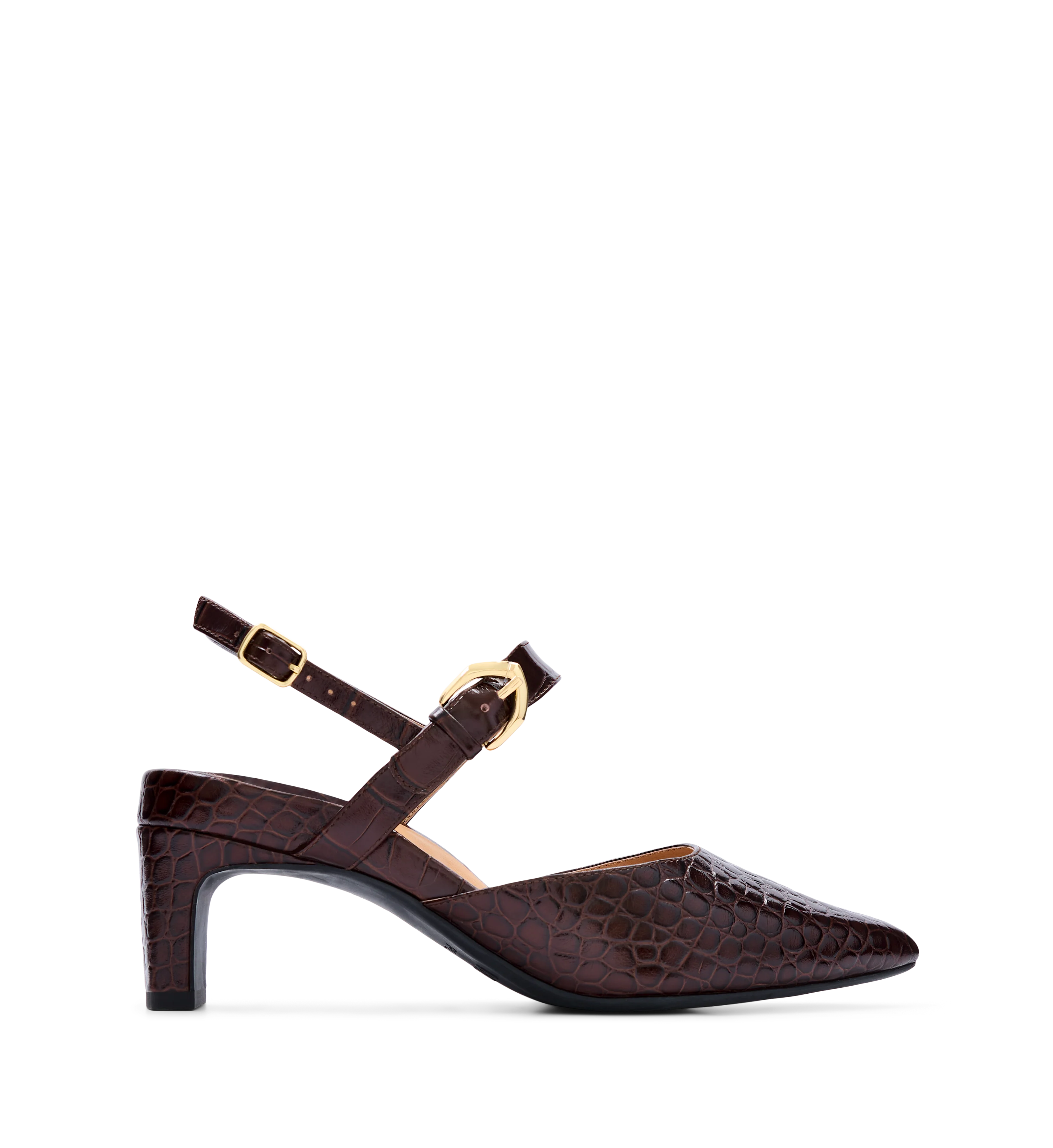 Sasia Mahogany Brown Croc Emboss Leather Low Heels