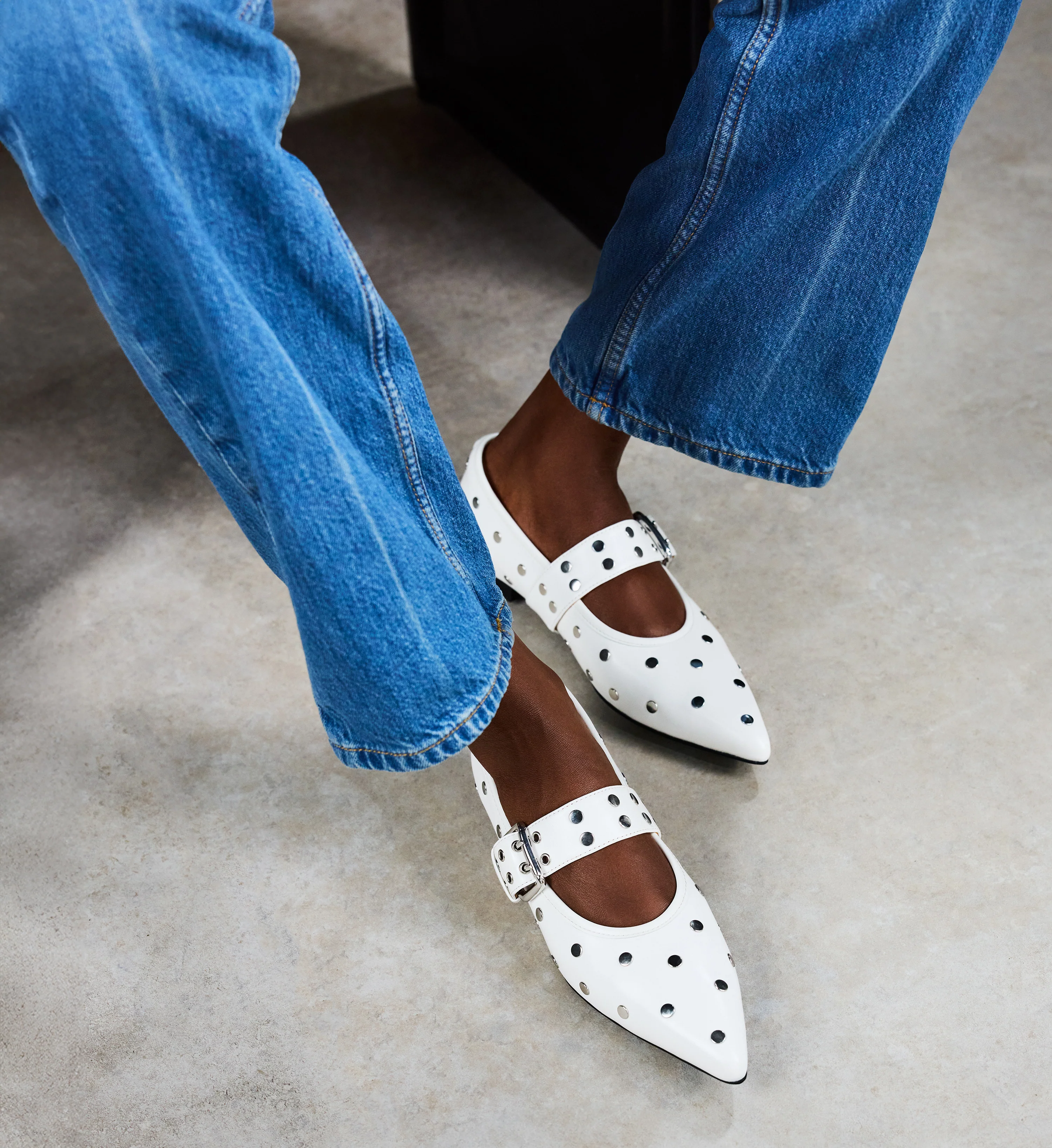 Fantail White Leather & Hardware Ballet Flats