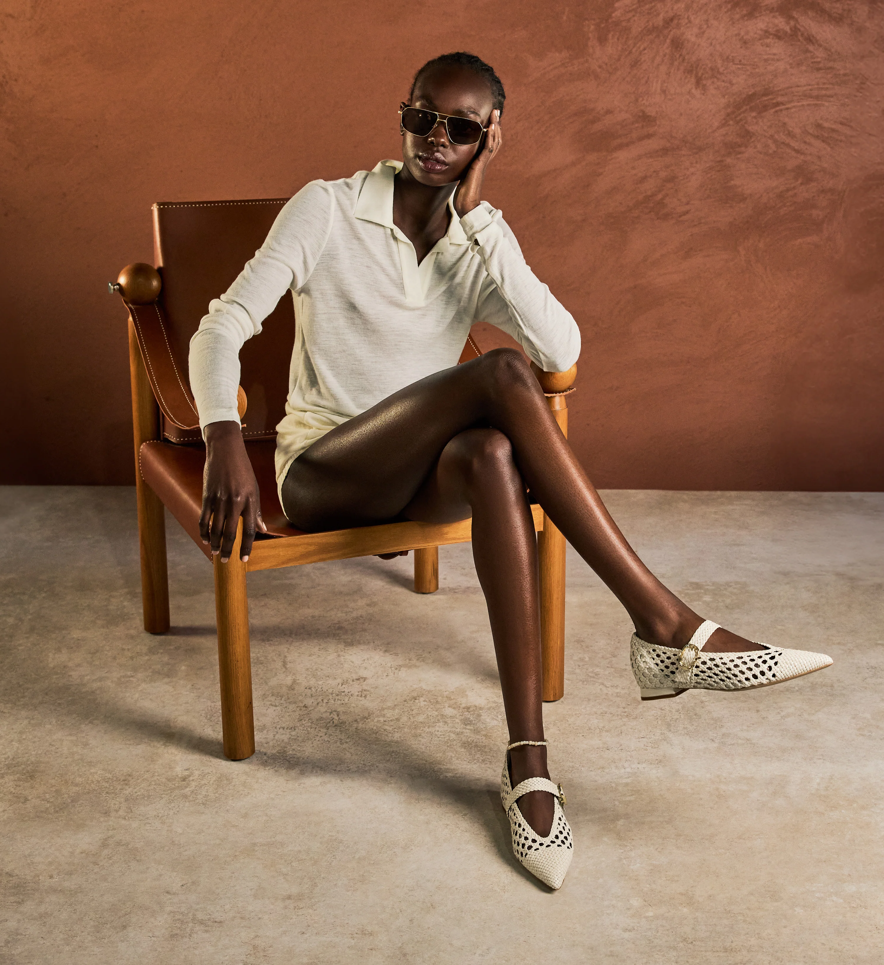 Forktail Ecru Woven Leather Ballet Flats