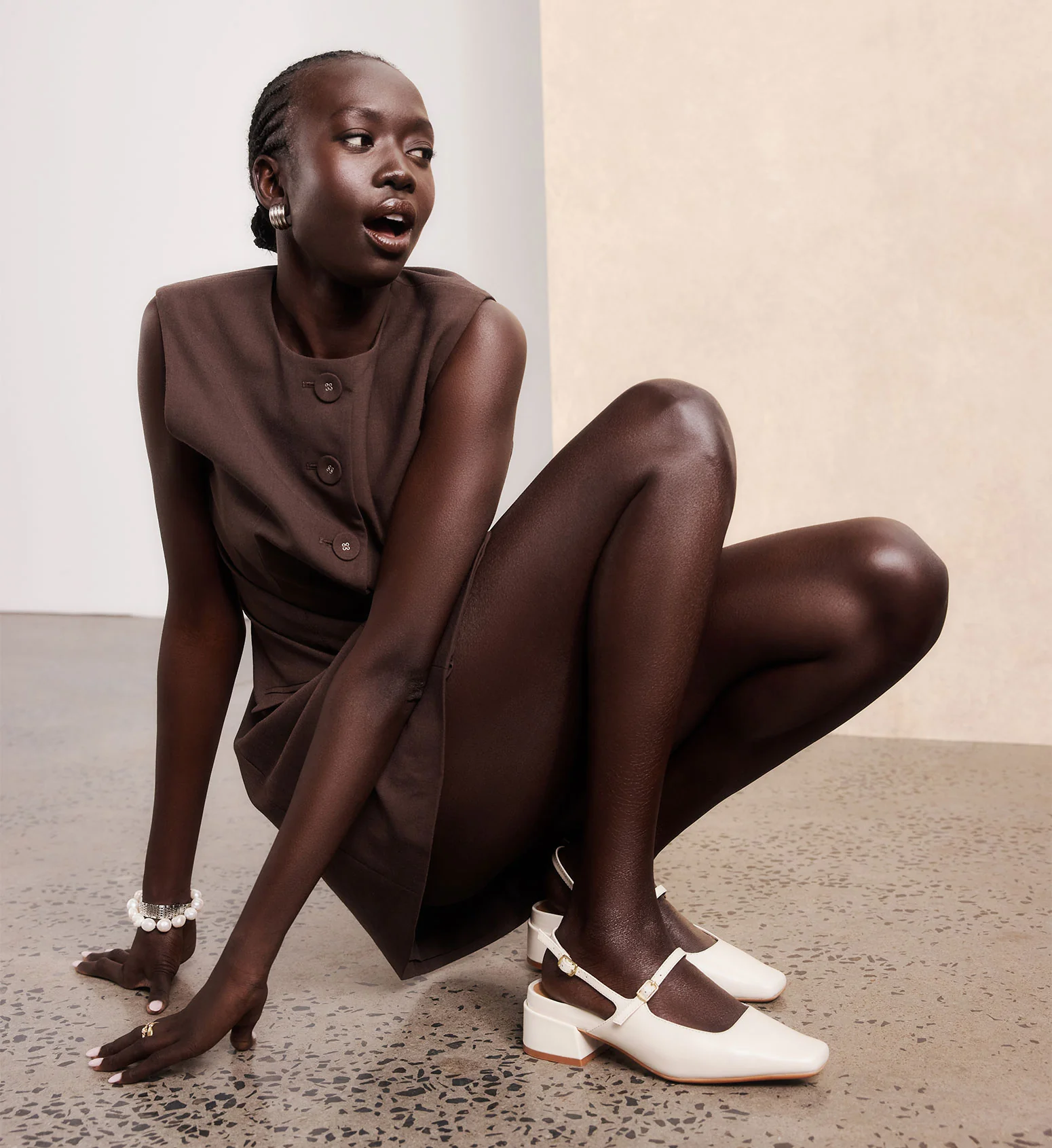 Myza Ecru Boxed Leather Low Heels