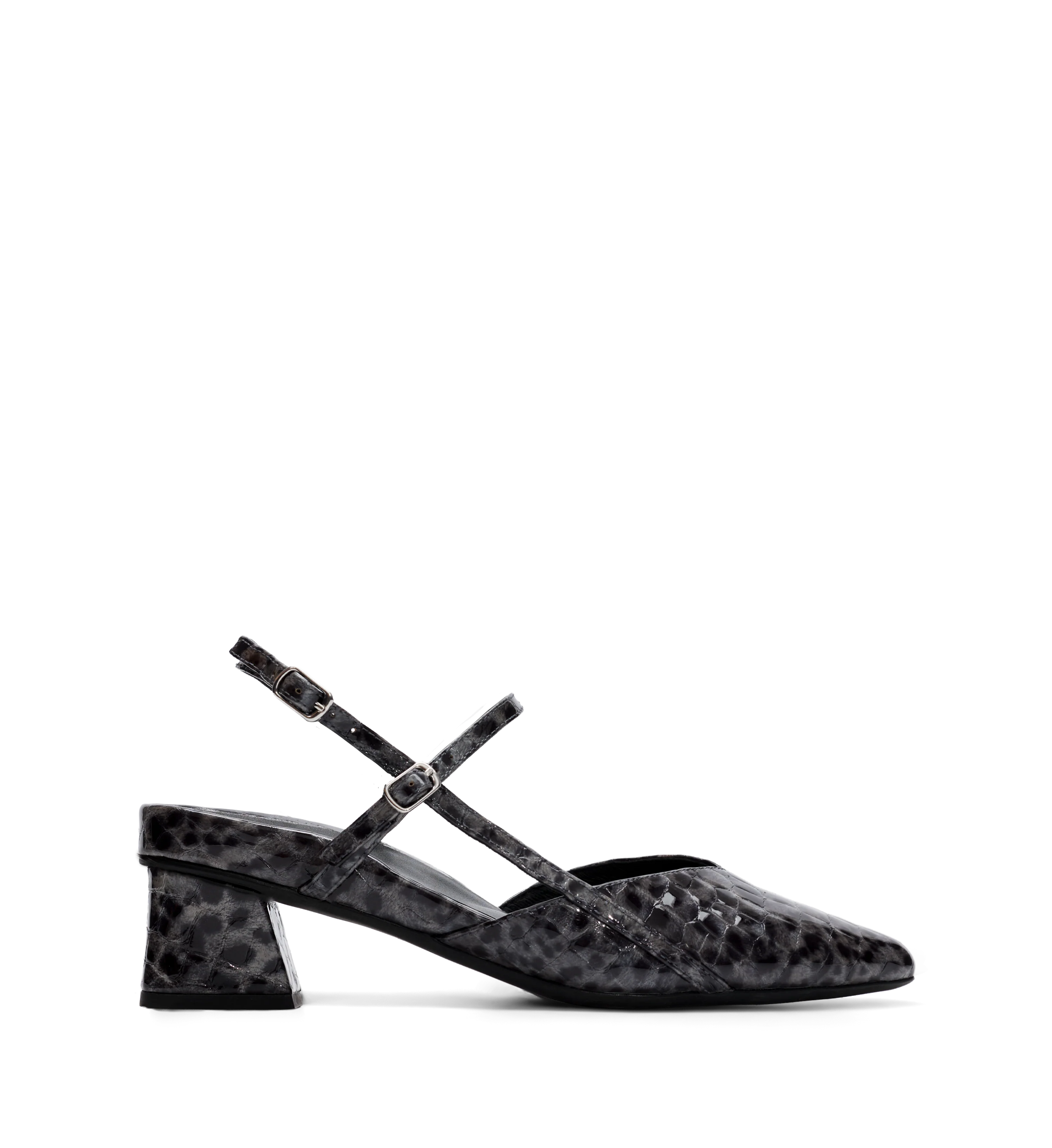 Nene 2 Smoke Grey Croc Emboss Patent Leather Low Heels