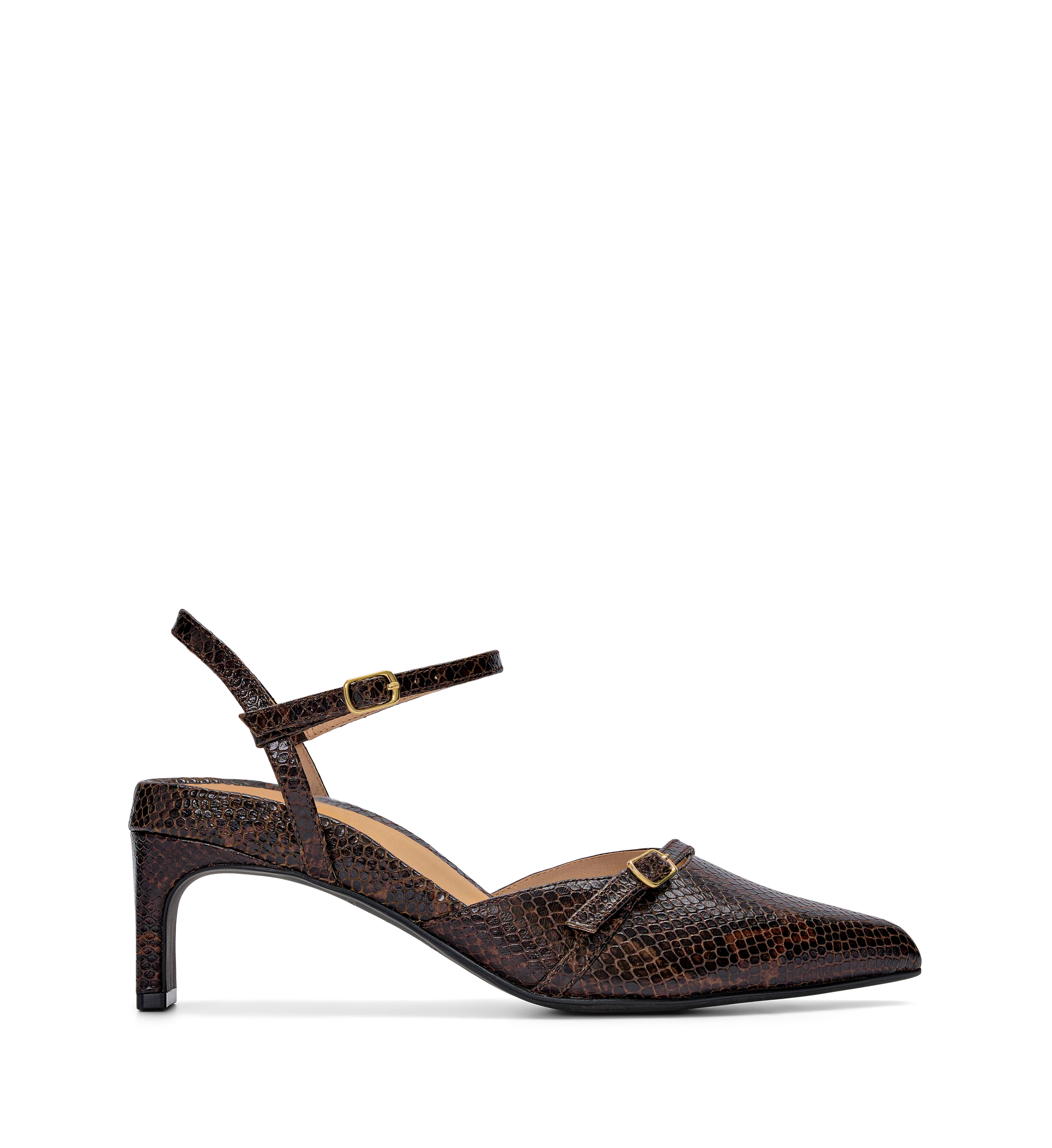 Sylph Chocolate Brown Snake Emboss Leather Low Heels