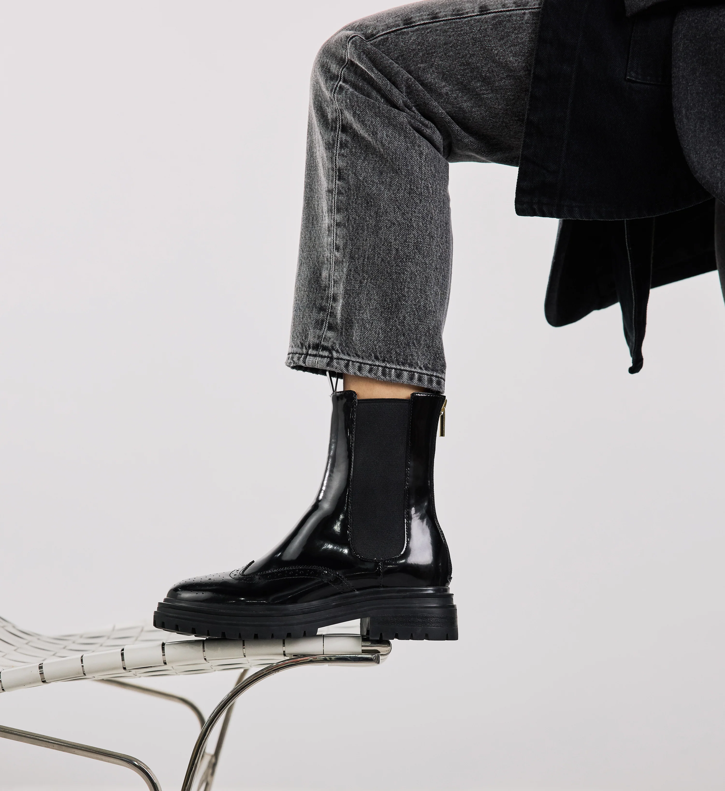 Peltops Black Boxed Leather & Brogue Detail Flat Boots