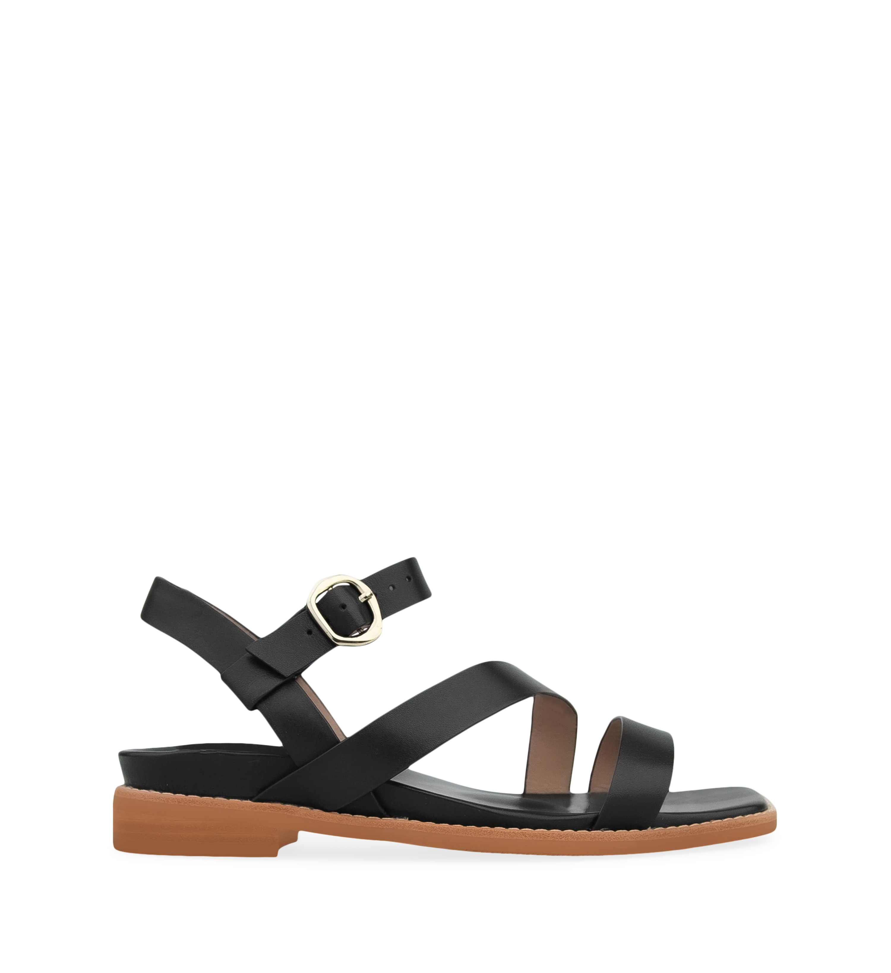Twite Black Leather Flat Sandals