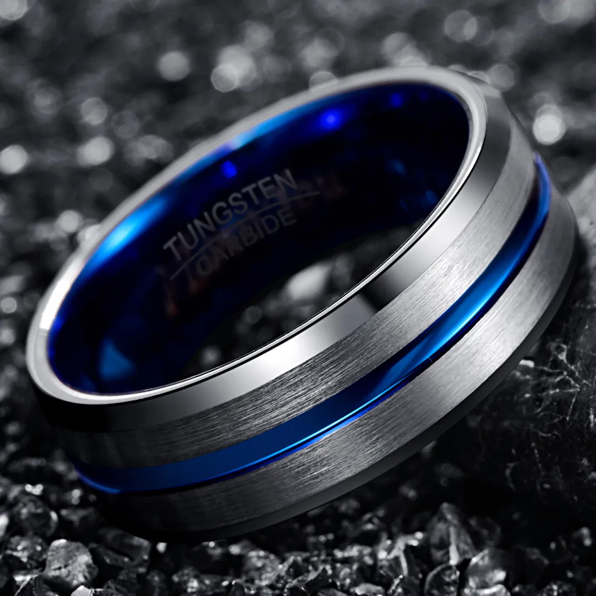 Elektroplating Bevel Blau Kanal Stahl Farbe Frosted Tungsten Stahl Ring