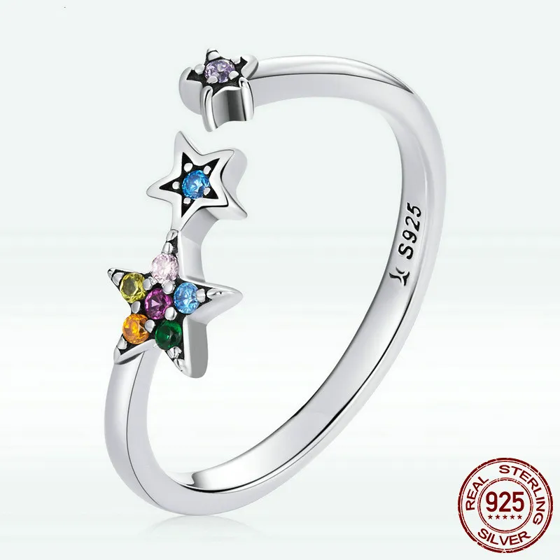 Sterling Silber S925 Star Open Ring Farbige Zirkon Fünfzackster Stern