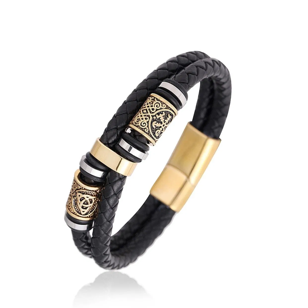 Edelstahl Gold Doppelbar Leder Hand geflochten Armband