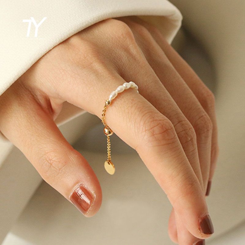 Französisch einfache Retro Perlenkette Ziehen Anpassung Goldfarbe Ringe Mädchen neue elegante Accessoires Mode Finger Schmuck für Frau