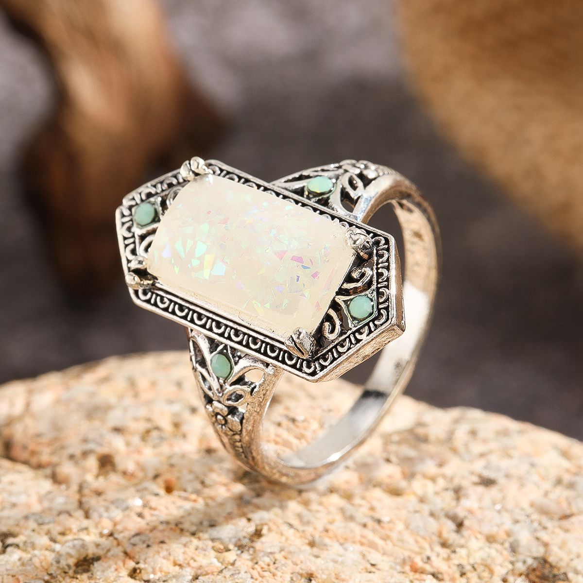 1pc Neuer Quadrat Weiß Opal Antike Silberring