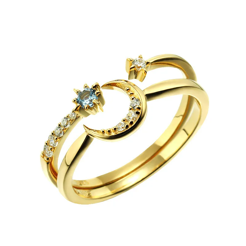 S925 Sterling Silber Zirkon Einfacher Stern und Mond Set Ring