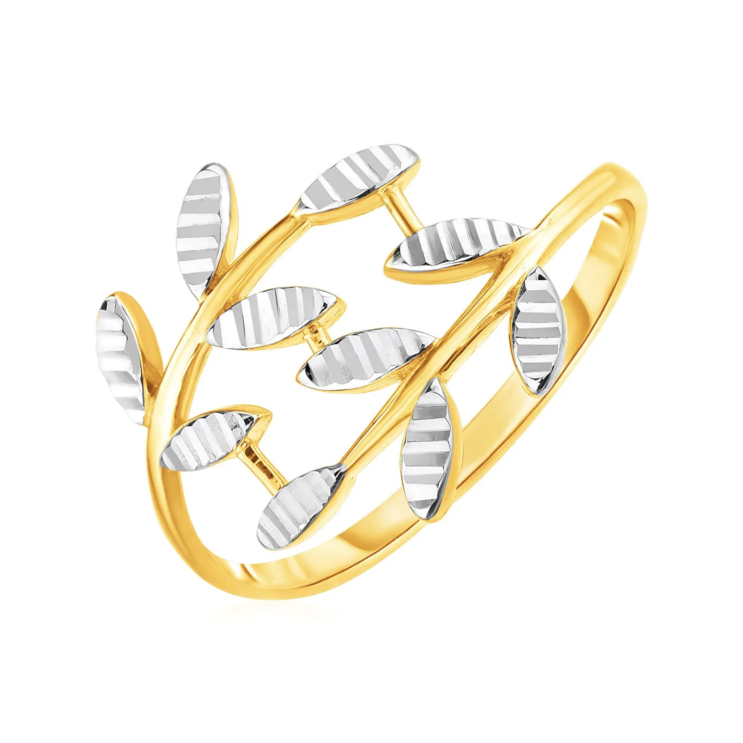 14 Karat Zwei-Ton Gold Crossover Ring mit Texturen Blättern