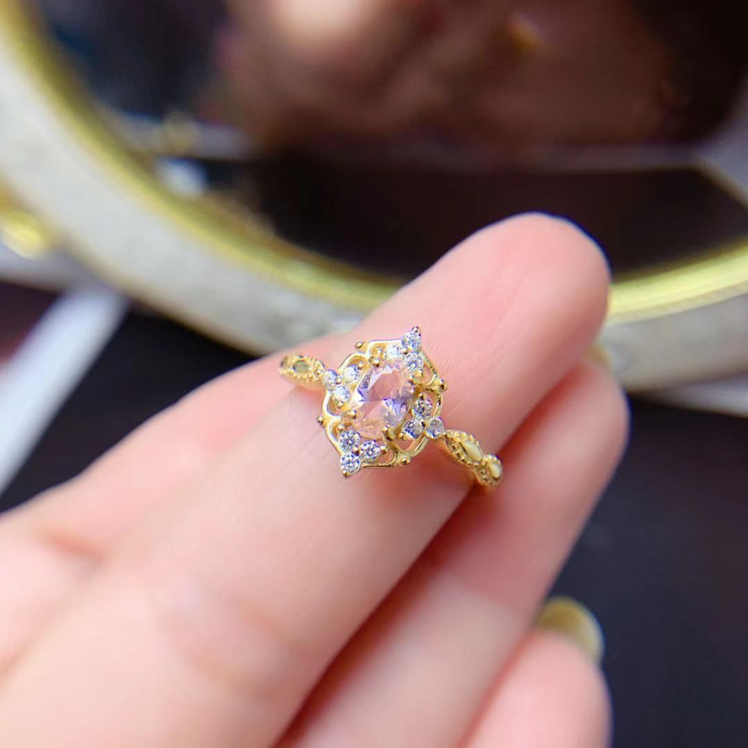 925 Silber Gelb Gold Plated Amethyst Morganit Precious Women 's Ring
