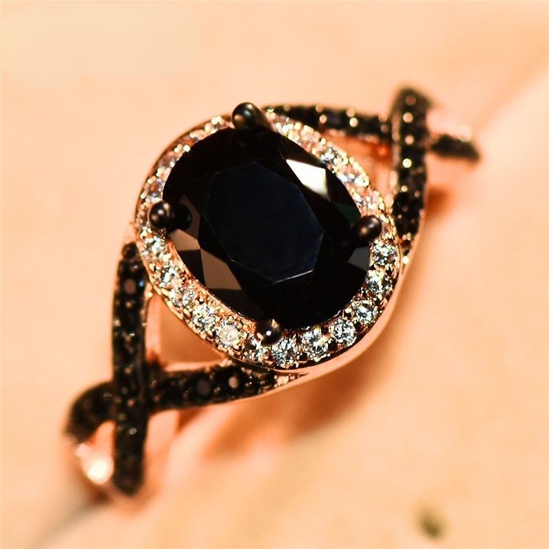Exquisite große ovale Stein X-Ring Damen schwarzen Zirkon Ring Damen Hochzeitsband Brautverlobung Hochzeitsring Schmuck