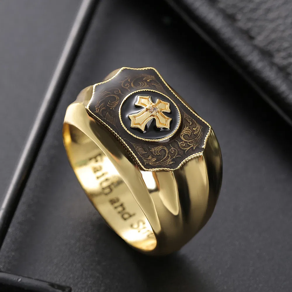 Goldplated Cross Ring für Männer Schwarz Onyx geschnitzt Glaube und Stärke Ring Jesus Bibel Kreuz Religiöser Ring Gothic Punk Retro Vintage Gebet Ring