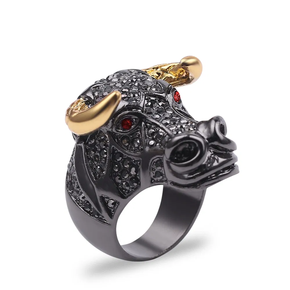 Mode Dominant Vintage Männer Bull Kopf Voll Diamant Ring