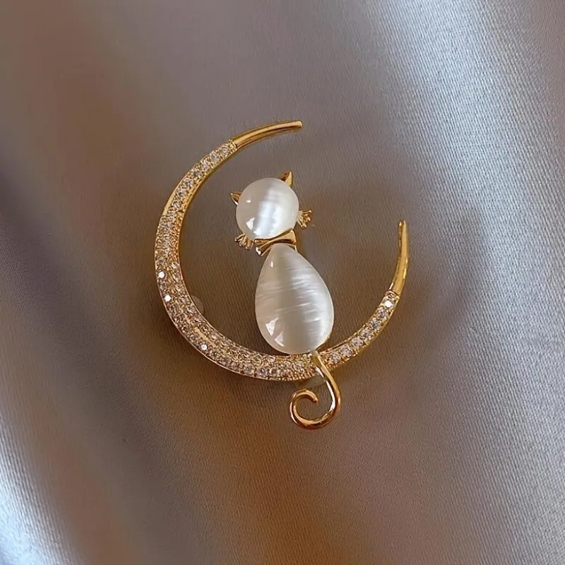 Nette Katzenbroschette Pretty Tier Brooch Pin Full Shining Elegant Crystal Cat 's Moon Stone Brooch Fashion Jewelry For Women Girl Gift