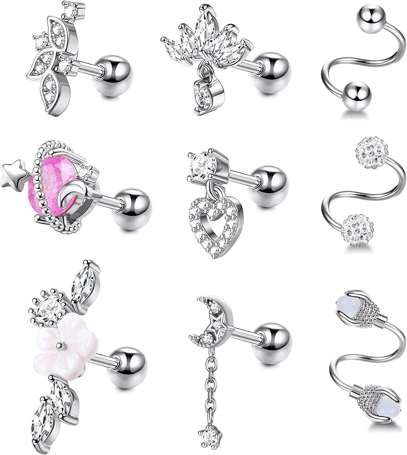 9 Stück 16G Knorpel Ohrringe für Frauen Edelstahl Helix Knorpel Tragus Muscheln Daith Stud Piercing CZ Opal Herz Mond Blume Dangle Twisted Spiral Knorpel Ohrringe Set