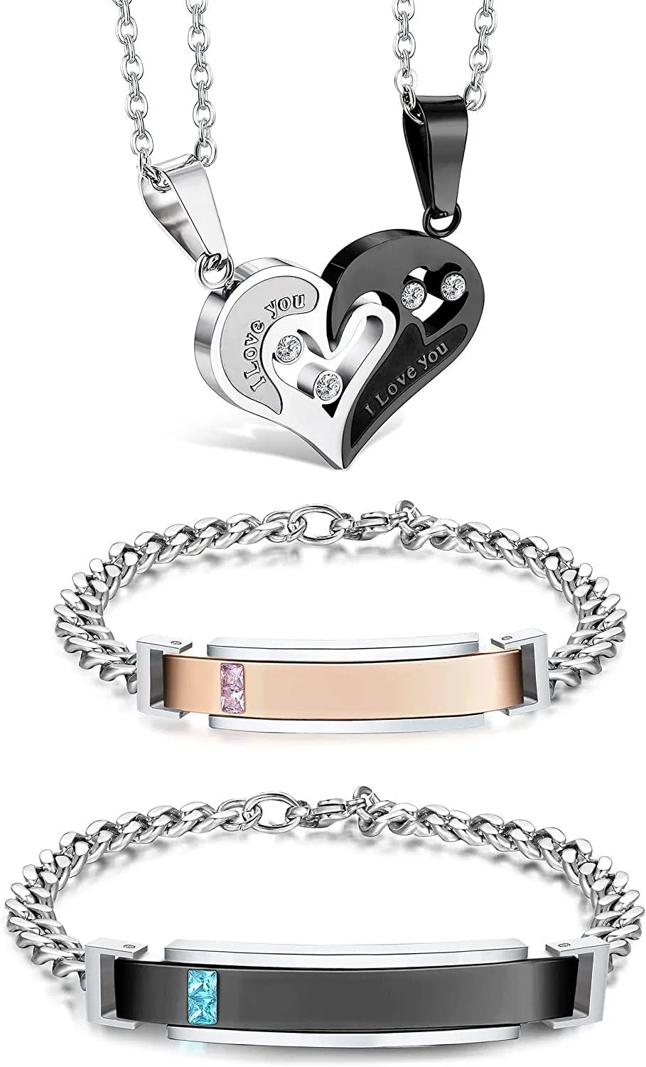 4pcs Paare Halskette Armbänder für Paare Liebe Herz Anhänger Edelstahl Halskette Freund und Freundin Paare Geschenke für ihn und sie