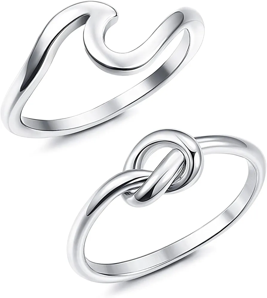 2PCS Edelstahl Damen Ringe für Mädchen Welle Ringe Größe 9