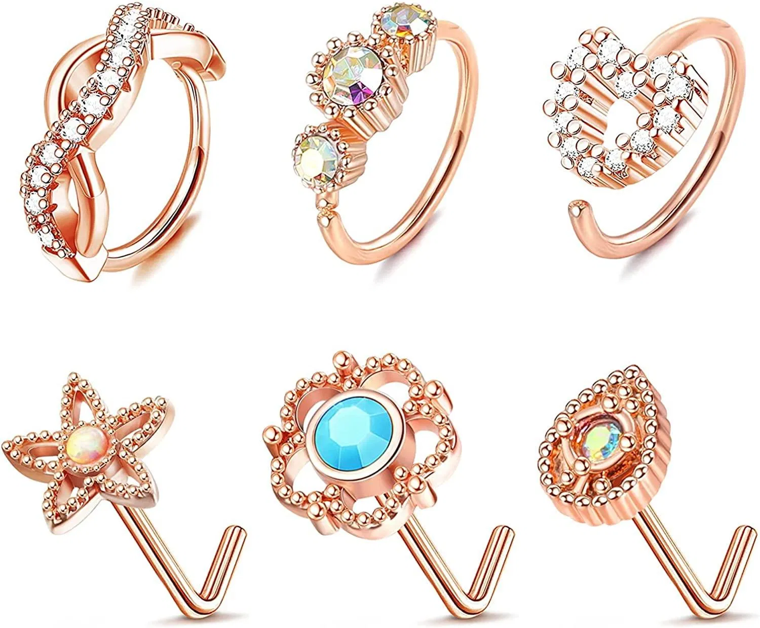 20G Nasenringe Schleife für Frauen Männer Edelstahl L-förmige Nasenringe gepflastert CZ Herz Nasenring Schleife Ring Tränenblumen Nasen Stud Ringe Set Knorpel Ohrring Nasen Piercing Schmuck