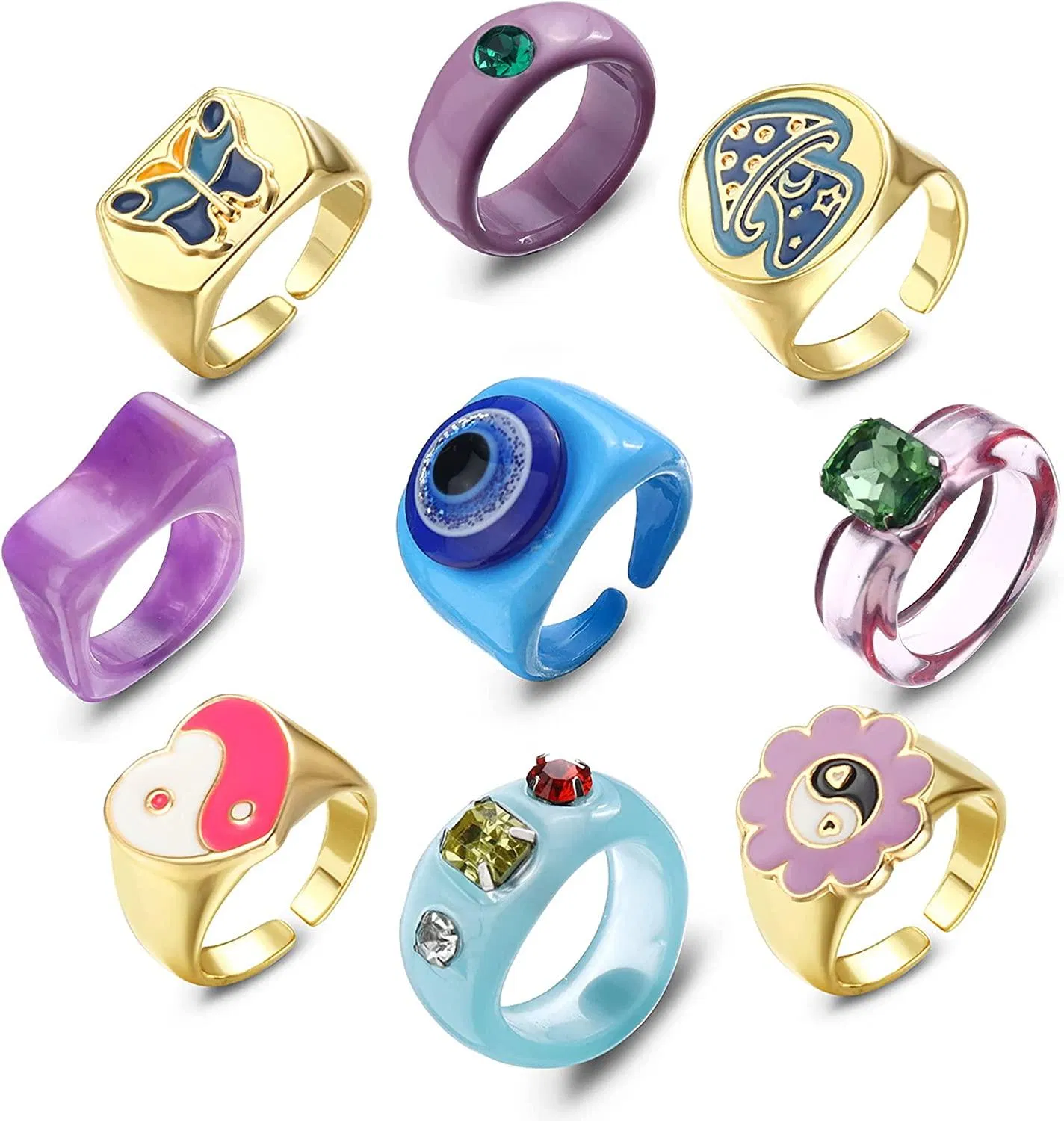 Chunky Y2K farbenfrohe Ringe für Frauen Egirls Yin Yang Evil Eye Harz Acrylic Email Ringe Trendy offene stapelbare Finger Knuckel Ringe Gold ästhetische Aussage Ringe Set Größe 7