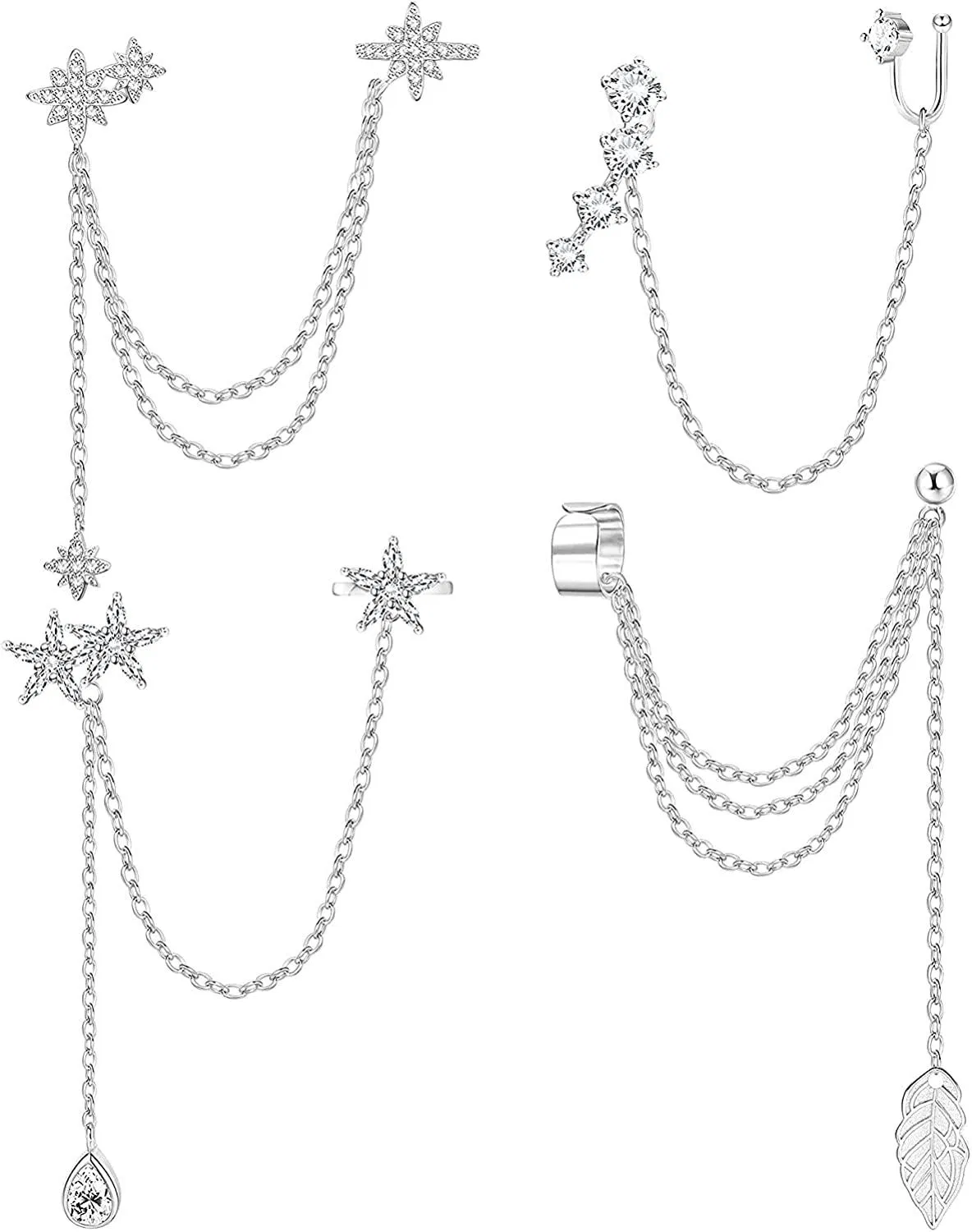4PCS Ohr Manschetten Ohrringe Kette Ohrringe für Frauen Blatt Ohrringe Schmetterlings Ohrringe Wrap Clip auf Ohrring Star Crawler Hanging Tassel Chain Ohrringe für Mädchen