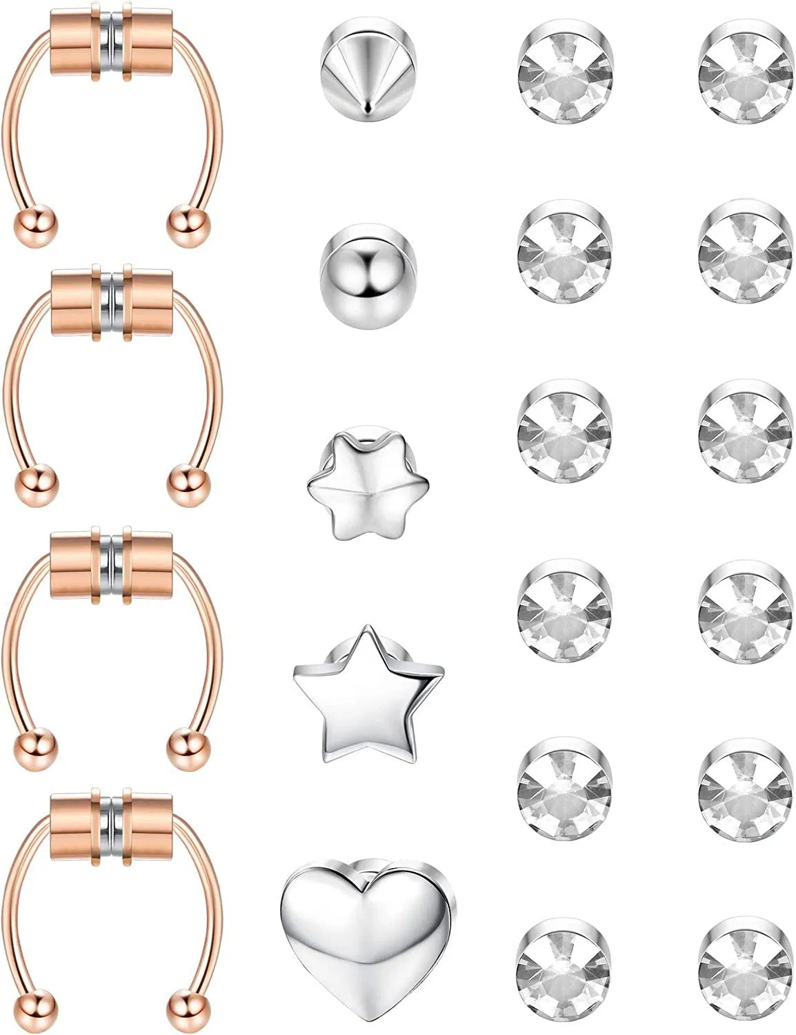 21Pcs Magnetic Septum Nose Ring Horseshoe Fake Nose Ring Hoop Edelstahl Non-Piercing Clip auf CZ Ohrringe Magnetische Stud Ohrringe für Frauen Männer