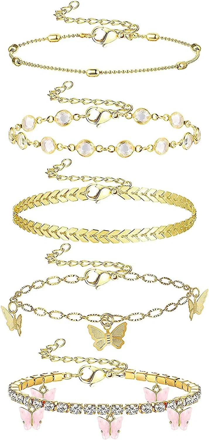 5 Stück Knöchel-Armbänder für Frauen 18K Gold beschichtete kubanische Link-Ankleber Sommer Flat Mariner Ankleber Seil / Figaro / Tennis Schmetterling Schicht verstellbare Ankleber für Frauen