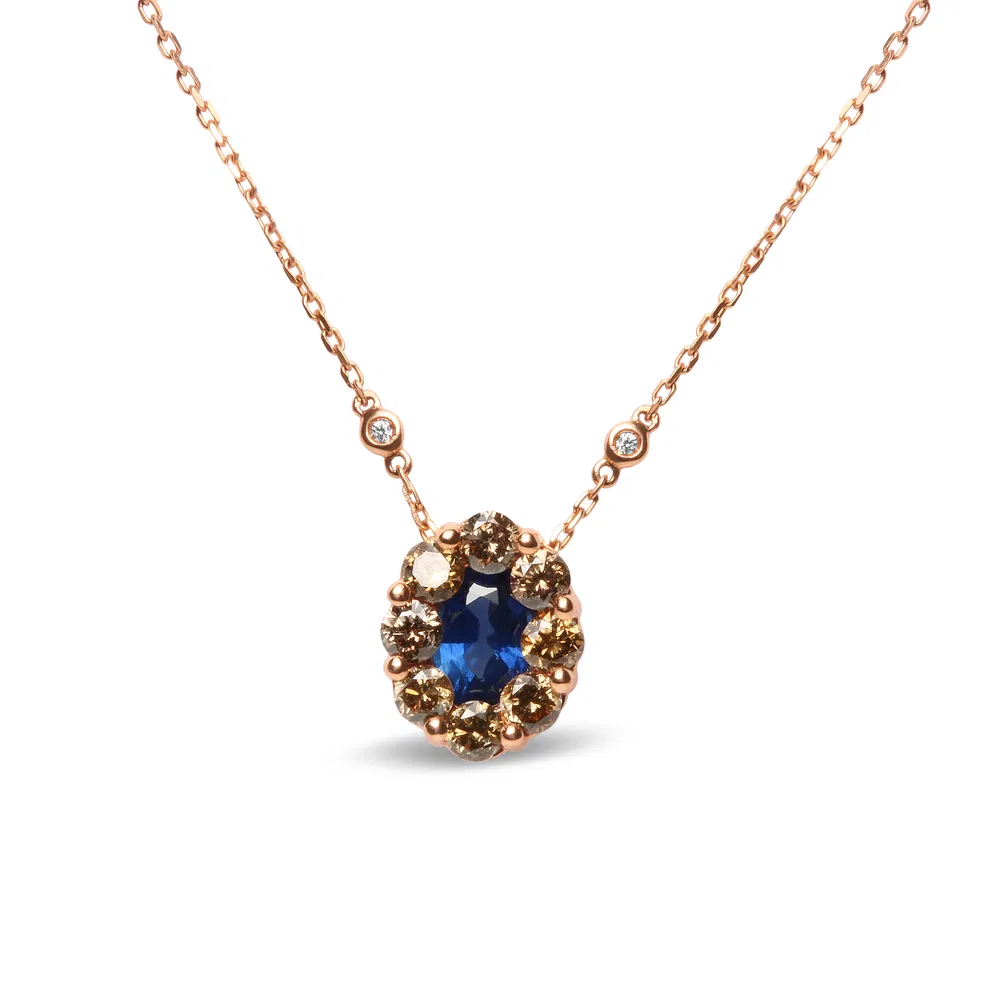 18K Rose Gold 5 / 8 Cttw Weiß und Braun Diamant Akzent und 7 x 4mm Oval Blau Sapphire Edelstein Statement Halo Cluster Hängel Halskette (Braun und G-H Farbe, SI1 - SI2 Klarheit)