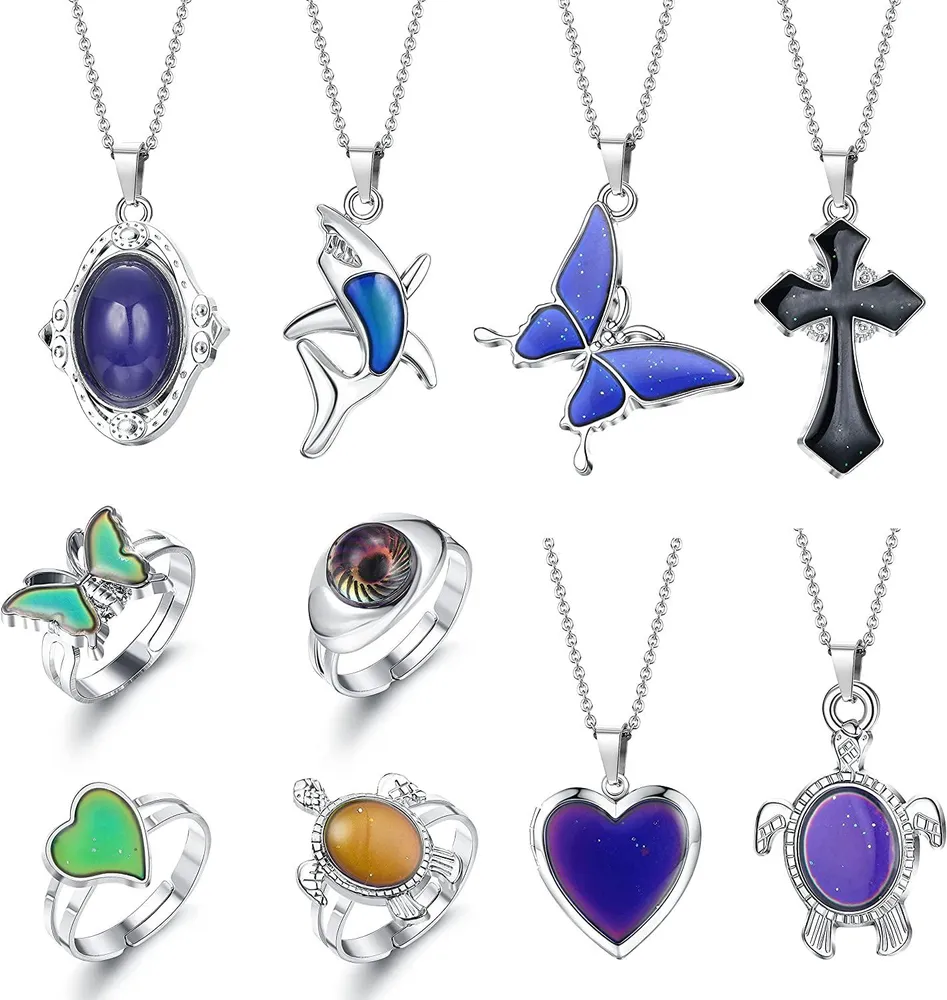 10 Stück Stimmung Ringe und Locket Halskette für Frauen einstellbare Temperatur-Sensing Stimmung Ringe Halskette Farbwechsel Schildkröte Herz Schmetterling Stimmung Set