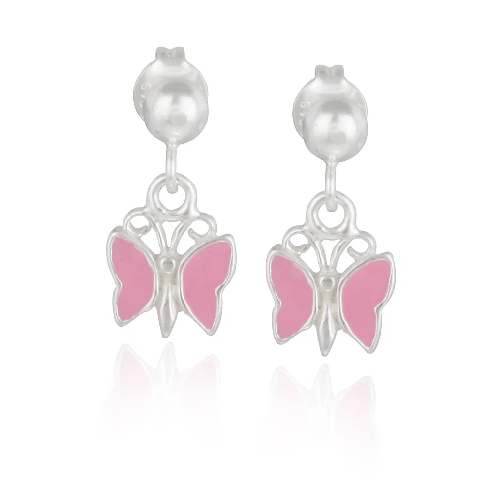 Sterling Silver Pink Enamel Butterfly Girls Dangle Ohrringe