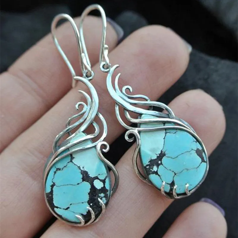 Vintage Boho Grün Synthetische Edelstein Drop Ohrringe 925 Silber Plated Ohr Dekoration Schmuck