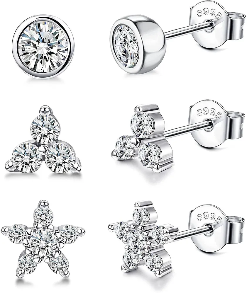 3 Paare 925 Sterling Silber kleine Stud Ohrringe für Frauen Mädchen Kubik Zirkonia winzige Punkt Blumen Studs kleine Knorpel Schlaf Ohrringe Set hypoallergen 3 / 4 / 5mm