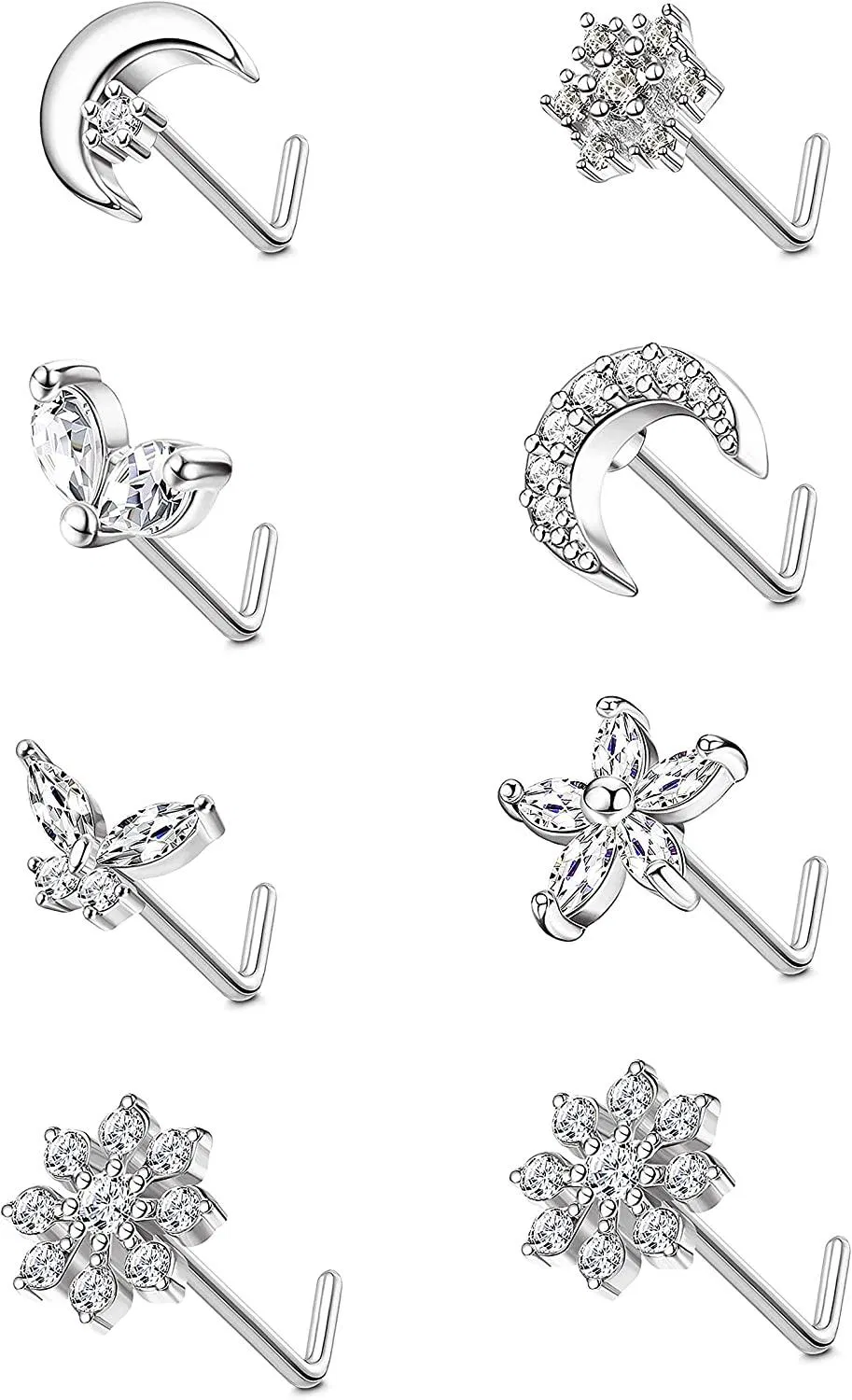 8 Stück 20G Nasenstafel für Frauen 316L Edelstahl L-förmige Nasenringe Stud CZ Schmetterlingsblume Schneeflocke Mond Nasenring Körper Piercing Schmuck für Männer