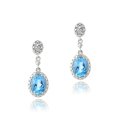 Sterling Silber 3ct Schweizer Blau Topaz & Diamant Akzent Oval Dangle Ohrringe