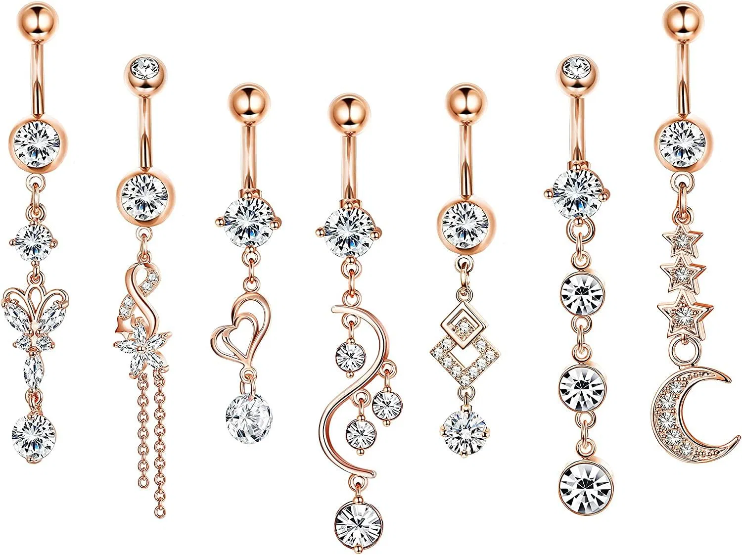 7 Stück 14g Bauchknopfringe Dangle für Frauen Edelstahl Bauchknopfringe süße Nabelringe Clear CZ Inlay Barbell Bauch Piercing Schmuck