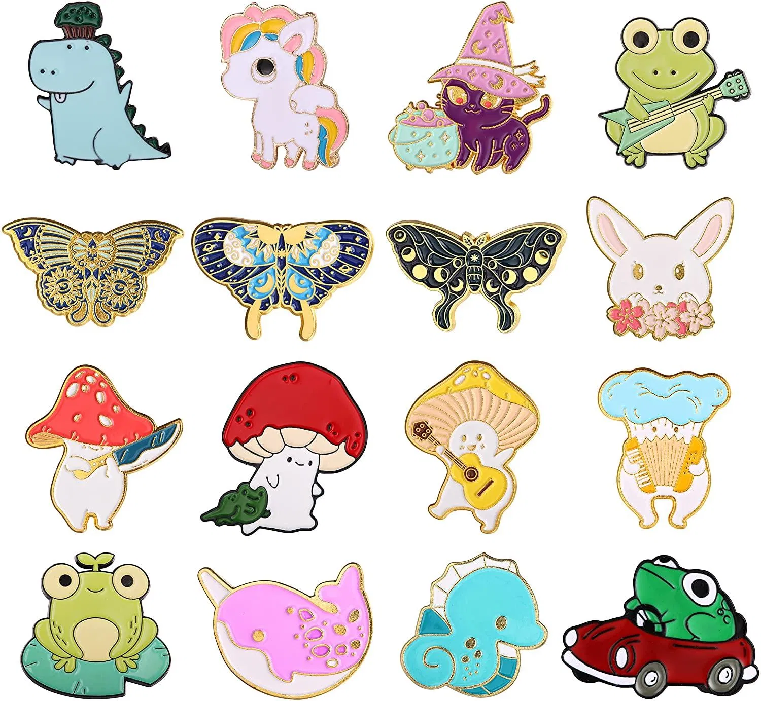 16pcs Emailstift für Rucksäcke Süße Schmetterling Frosch Pilz Anime Pins Rucksack Hut Jacken Stift für Frauen Teenager