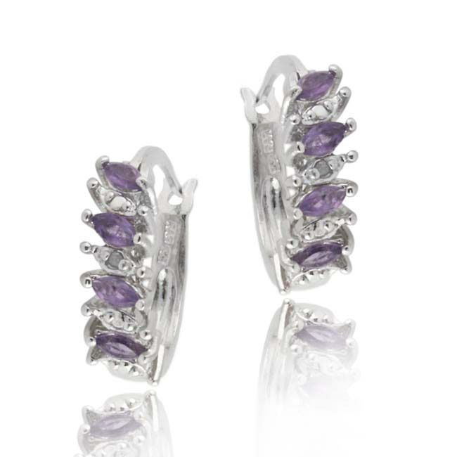 Sterling Silber .925 Echte Amethyst Stein Marquise Cut Echte Diamanten Akzent Hoop Ohrringe