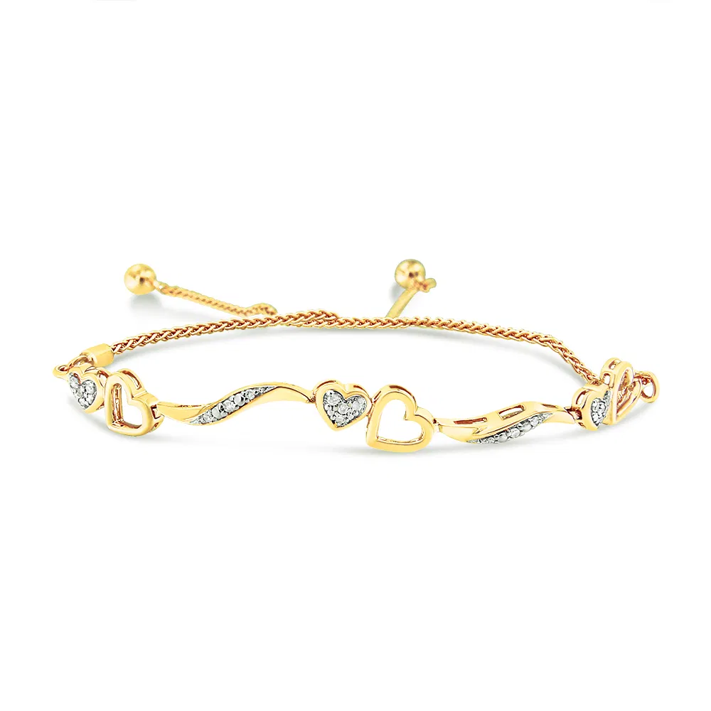 Bolo 14 Karat Gelbgold Plated .925 Sterling Silber 1 / 10 Cttw Diamant Welle und Herzen 4 '-10' Verstellbares Armband (I-J Farbe, I3 Klarheit)