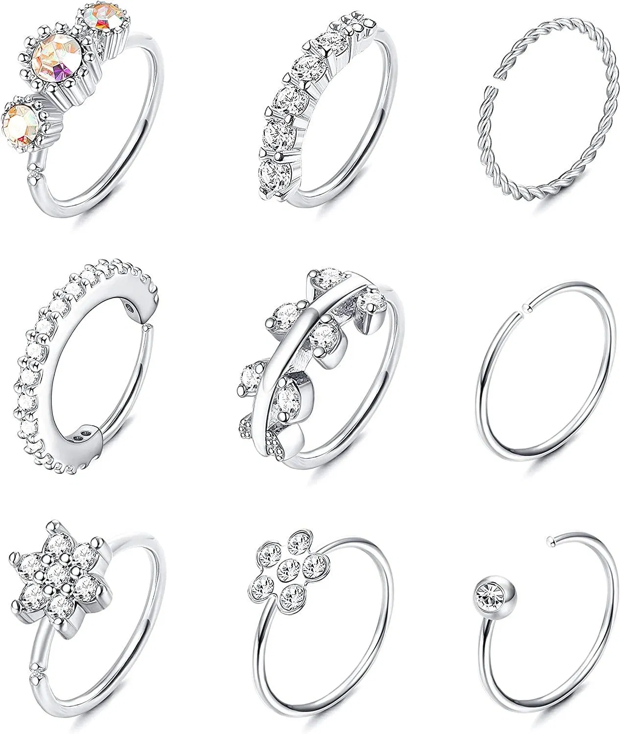 9pcs 20G Edelstahl Nasenring Schleife für Frauen Pflaster CZ Blatt Blumen Crawler Knorpel Ohrringe Nasenschleife Körper Piercing Schmuck