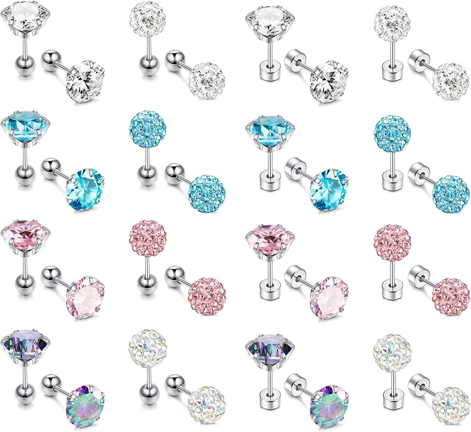 16Paars Stud Ohrringe für Kleinkinder Mädchen Edelstahl Tragus Helix Knorpel Piercing Ohrringe Kubik Zirkonia Screwback Ohrstöcke Farbenfrohe Runde CZ Barbell Stud Ohr Piercing 18G CZ 4 - 8MM