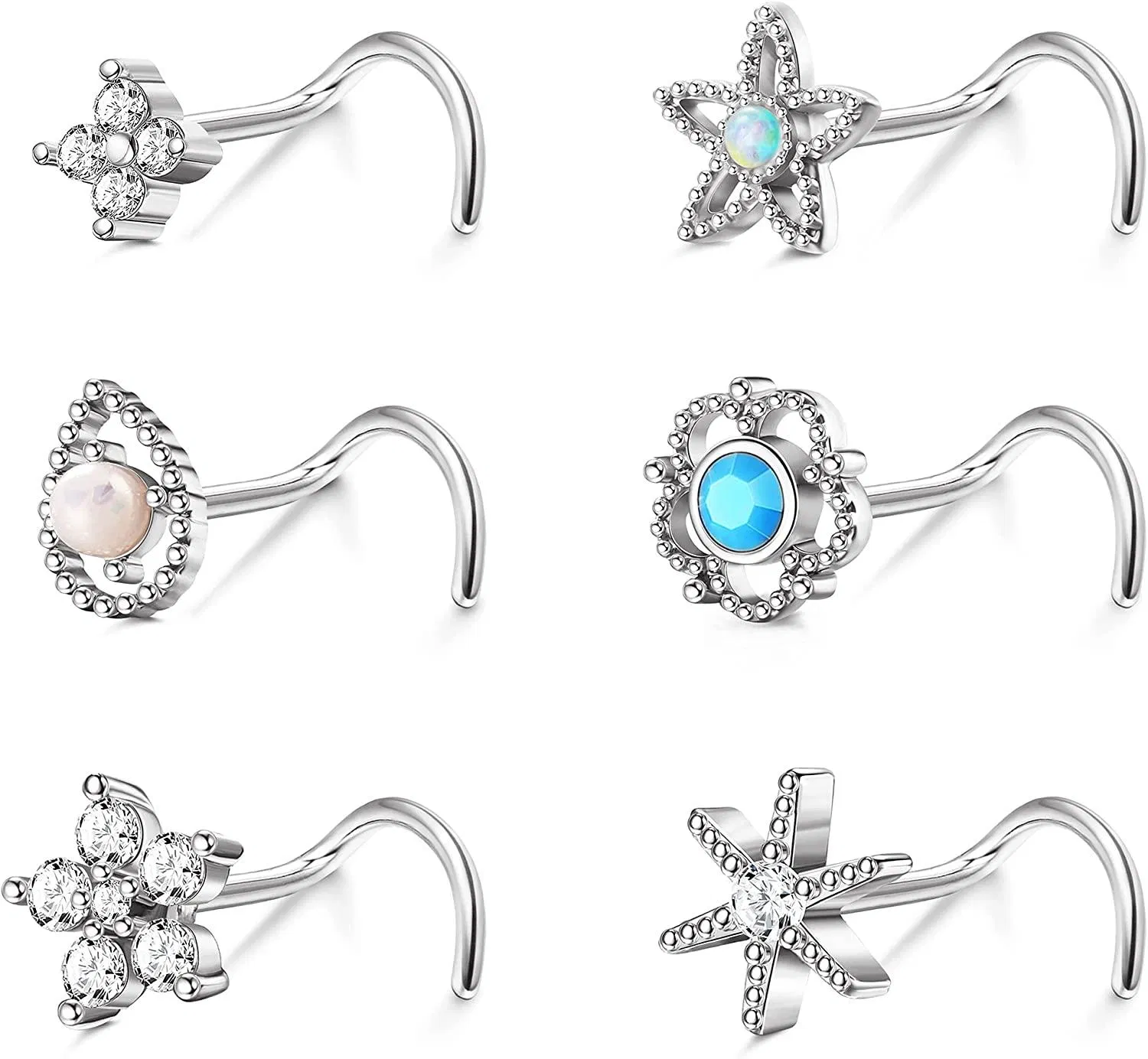 6PCs 20G Chirurgische Nasenringe für Frauen Männer Stud Opal Türkis 5A CZ Nasenringe L-förmige Schraube Post Nasen Stud Stern Blume Nasen Piercing Schmuck