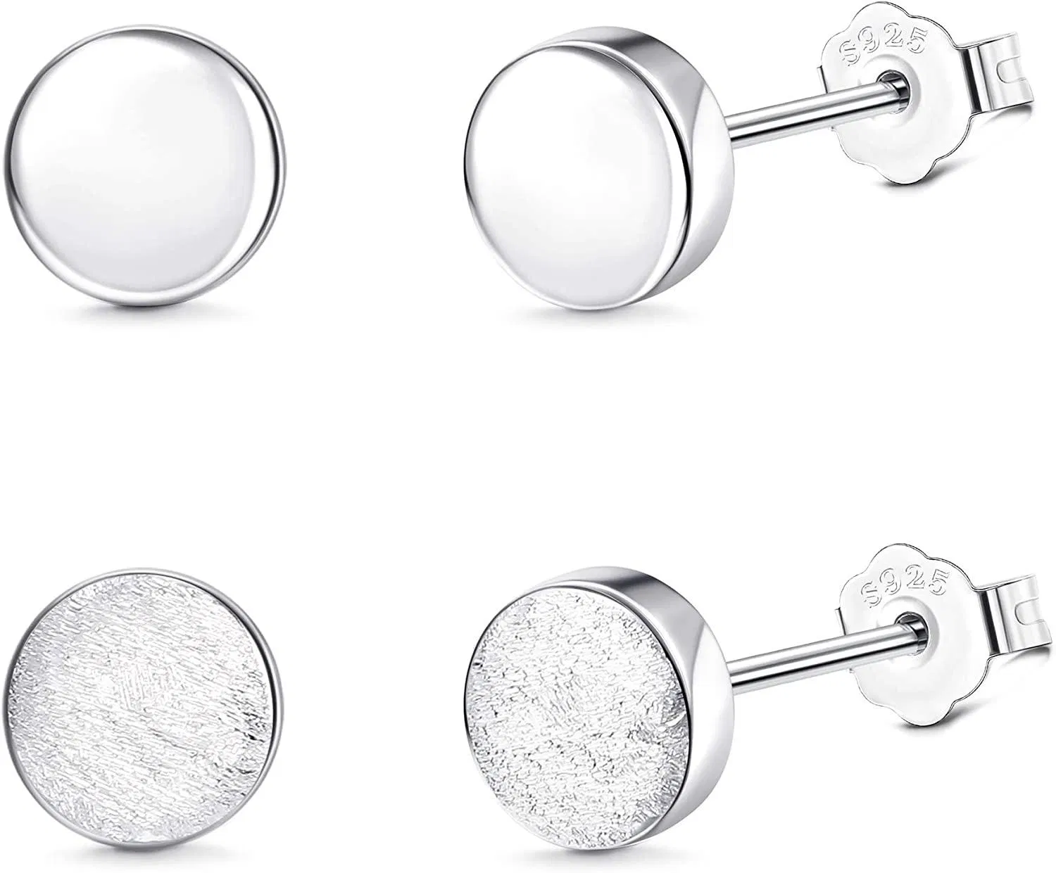 2 Paare kleiner flacher Runde 925 Stud Ohrringe Frauen Poliert und Matt Ohrringe Set 4 - 6mm