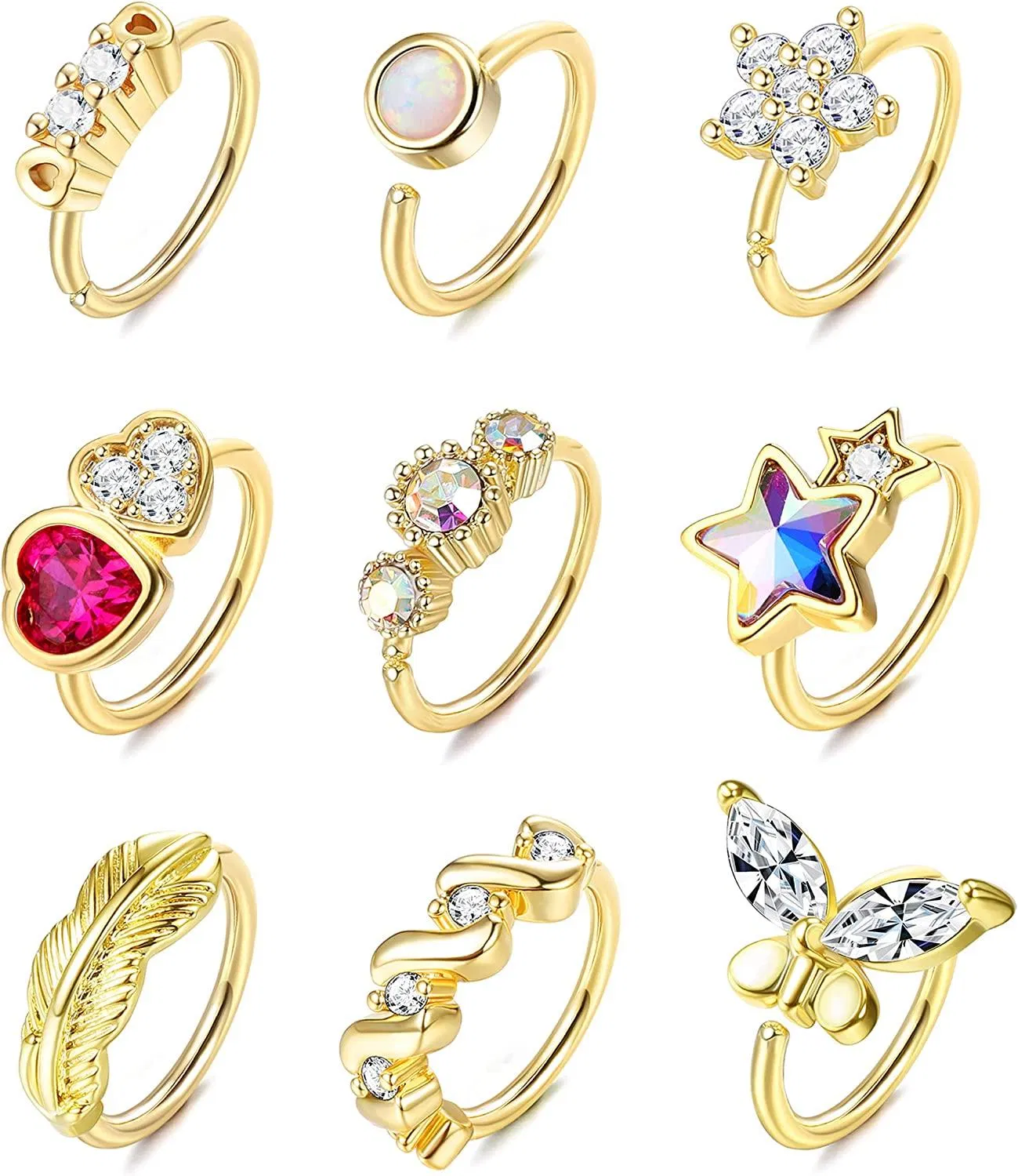 9pcs 20G Nasenringe Schleife Edelsteinpflastert CZ Schmetterlingsherz Star Blatt Knorpel Ohrringe Nasen Piercing für Frauen Männer