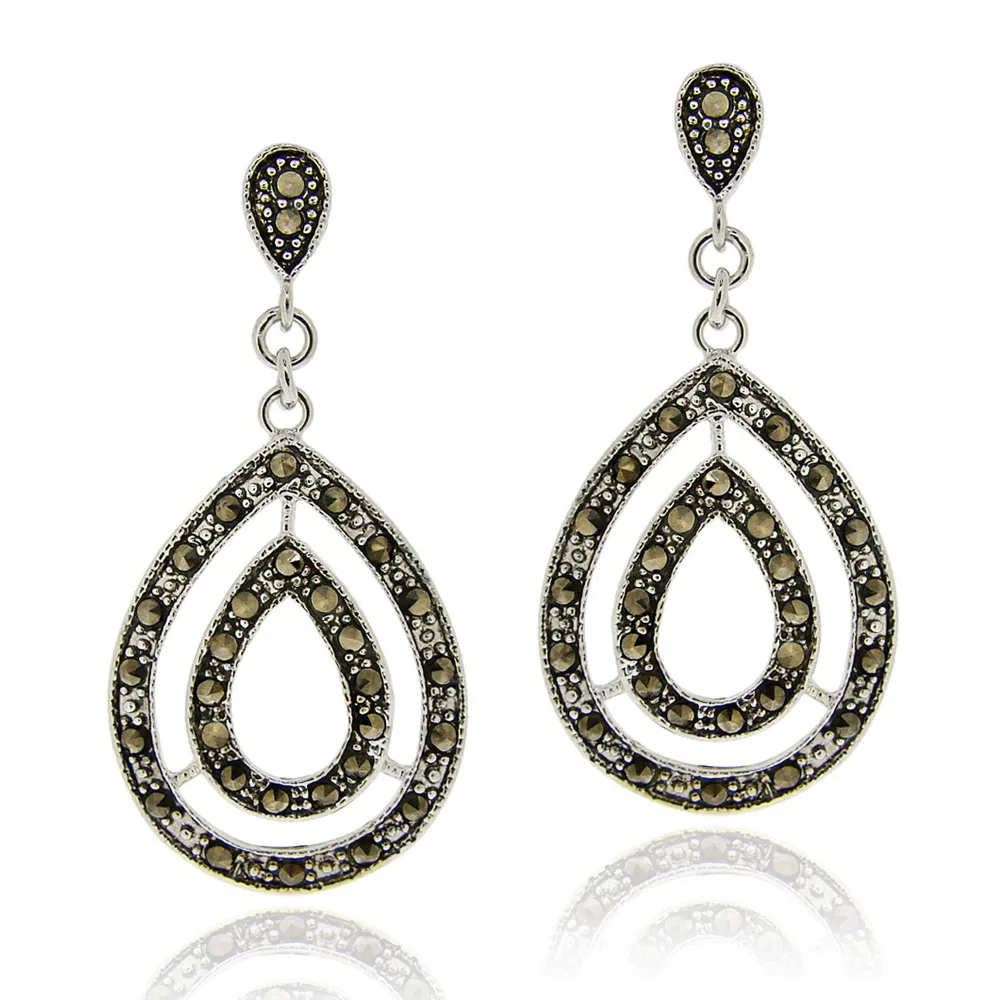Sterling Silber Marcasit Doppel Tränendrop Dangle Ohrringe
