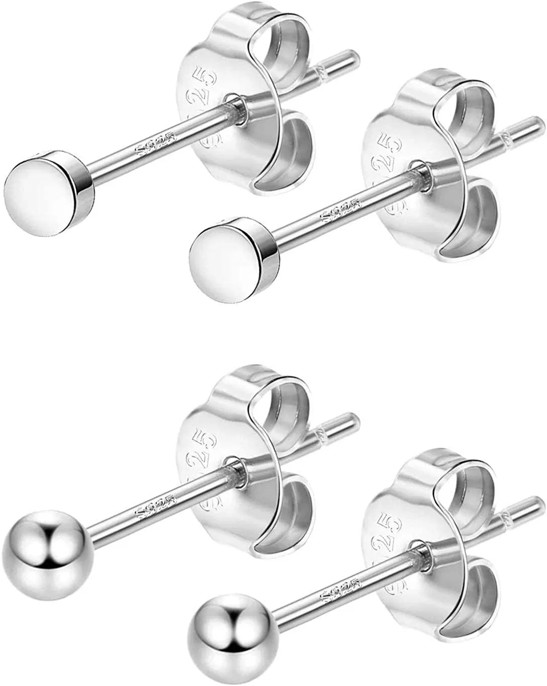 2 Paare kleine Ball Stud Ohrringe Sets für Frauen Männer Dot Ohrringe Sterling Silber 3mm